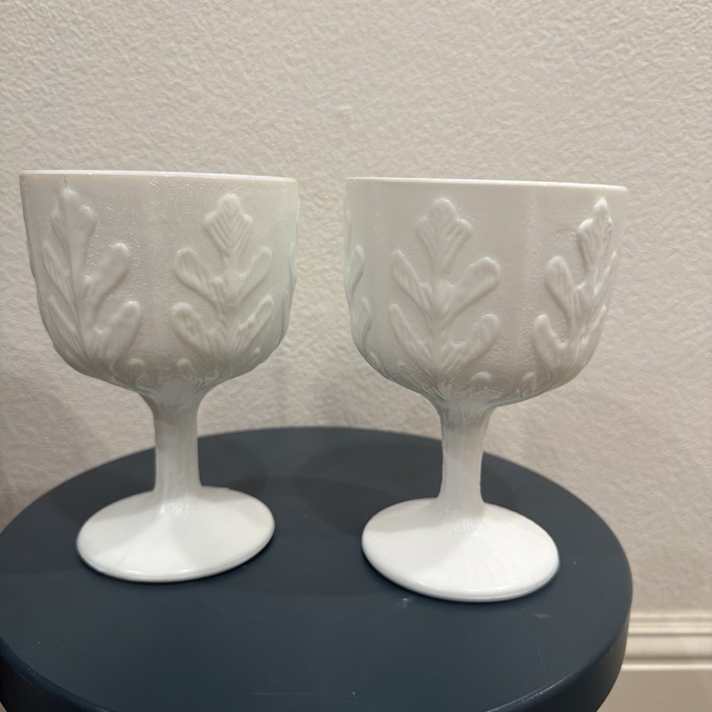 Vintage White Milk Glass Oak Leaf Pedestal Bowl or Candy Dish Set